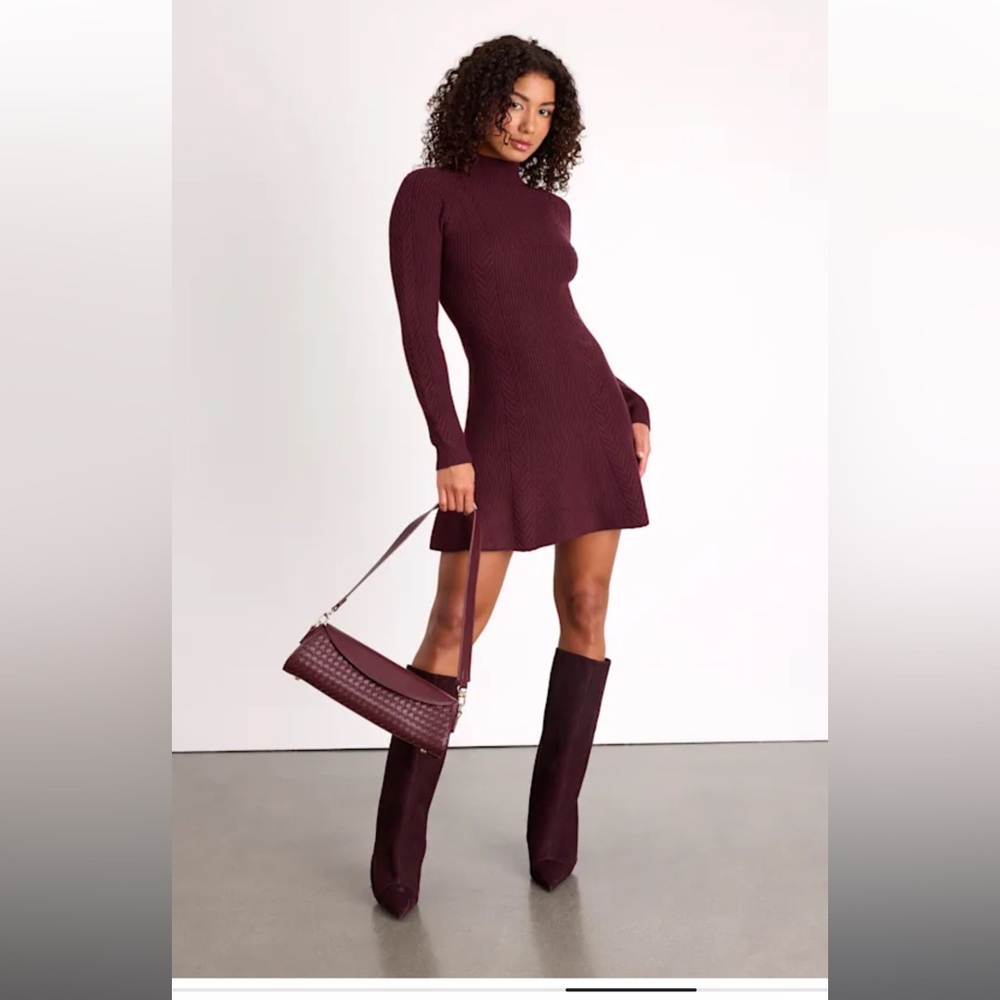 Selene Burgundy Ribbed Mock Neck Sweater Mini Dress